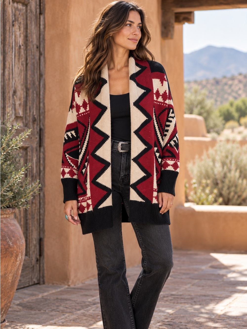 A TO Z Aztec Southwestern Coastal Cowgirl Cream, Black, and Red Open Cardigan, L
